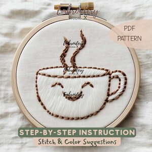 Happy Coffee Cup Embroidery Pattern PDF | World Happiness Day Hand Embroidery Design | DIY Cozy Stitch Template for Joyful Decor