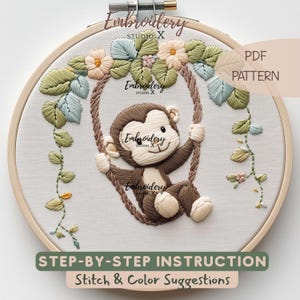 Monkey on Floral Swing Hand Embroidery Pattern | Cute Animal DIY Craft Kit for Baby Room Decor | Step by Step Instructions