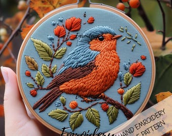 Autumn Bird Embroidery Pattern | Beginner Friendly Hoop Art with Fall Leaves and Berries | Easy Modern Hand Stitch Design PDF