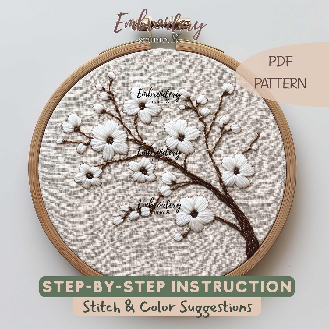 White Cherry Blossom Embroidery Pattern - Sakura Decal for Floral Hoop ...