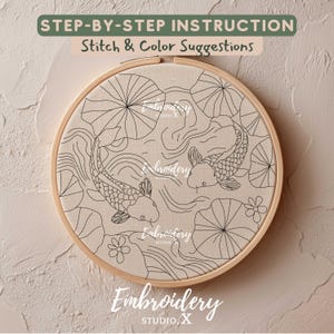 Yin Yang Koi Embroidery Pattern | Tranquil Koi Fish Hand Embroidery PDF | Nature-Inspired Stitching Design image 2