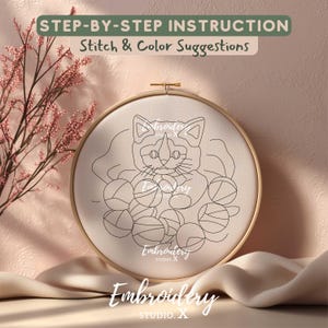 Patrón de bordado de gatito e hilo / Adorable bordado a mano de gato en PDF / Diseño acogedor de arte de aro y costura para manualidades textiles imagen 5