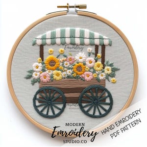 Blumenwagen-Stickerei - Rustikaler Blumenkorb-Stickrahmen-Design für Blumen-Hoop-Kunst und Blumen-PDF-Muster DIY