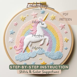 Ricamo a mano con unicorno e arcobaleno per cucito fai da te e decorazioni per la casa / Istruzioni passo passo
