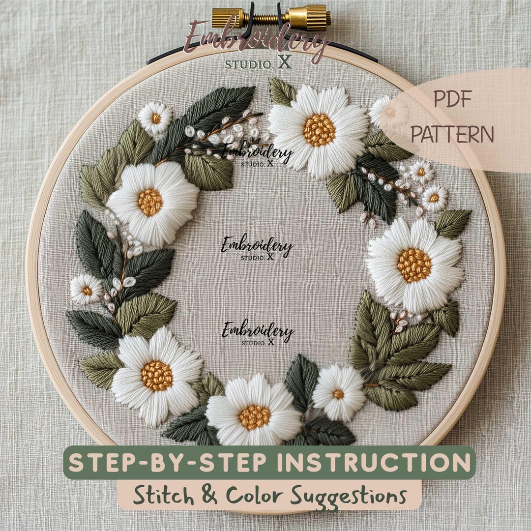Floral Wreath Daisy Embroidery Pattern | Daisies Meadow Wreath ...