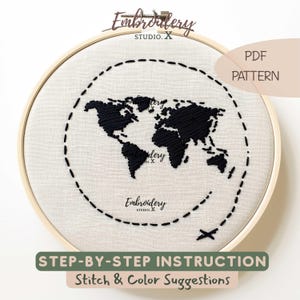 World Map Embroidery Pattern with Airplane | Beginner Travel PDF | Minimalist Globe and Plane Design | DIY Hoop Art for Adventure Lovers