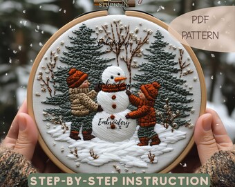 Happy Snowman Embroidery with Children | Christmas Tree and Snowy Design | Festive DIY Digital PDF Pattern