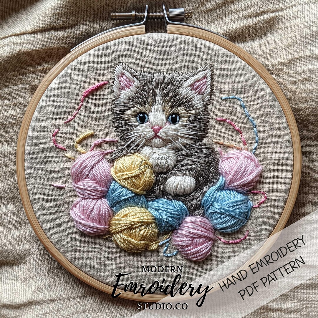 Kitten and Yarn Embroidery Pattern | Adorable Cat Hand Embroidery PDF ...