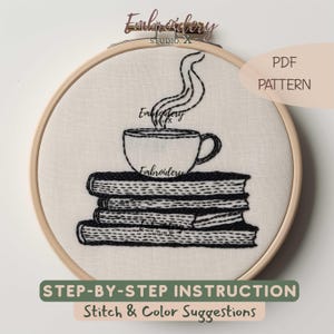 Coffee Mug and Book Stack Hand Embroidery PDF | Minimalist Blackwork Stitch Pattern PDF | Modern Hoop Art Design