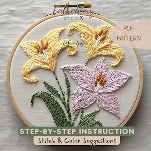Lily Flower Stickmuster - Lily Bloom Stickmuster PDF mit Pastel Lilien für Floral Hoop Art und DIY Sommer Projekt