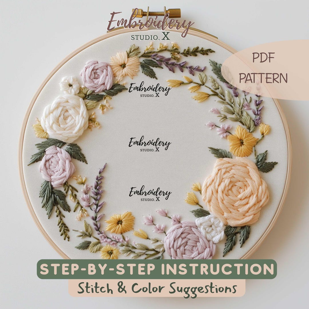 Spring Floral Wreath Embroidery | Rose and Wildflowers Hoop Pattern ...