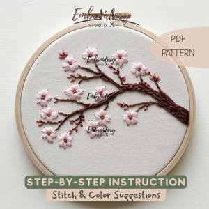 Patrón PDF de bordado de flor de cerezo rosa - Arte floral de aro de sakura para bordado a mano DIY - Diseño floral fácil de usar para principiantes
