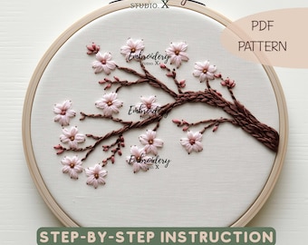 Patrón PDF de bordado de flor de cerezo rosa - Arte floral de aro de sakura para bordado a mano DIY - Diseño floral fácil de usar para principiantes