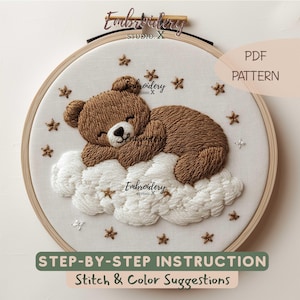 Sleeping Teddy Bear Hand Embroidery Design | Cute Animal on Cloud Stitching for Kids Room Decor | Step by Step Beginner Instructions