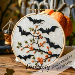 Halloween Bats and Floral Embroidery Pattern | Beginner Friendly Spooky Branch Hand Stitch PDF Template | Modern Hoop Art Design