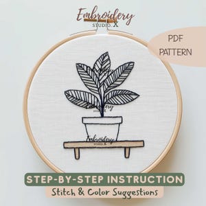 Potted Plant Embroidery Pattern PDF | Easy Modern Line Art Design for Beginners | Minimal Blackwork Stitch for Home Decor