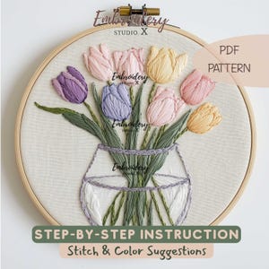 Tulip Bouquet Embroidery PDF Pattern | Glass Jar Floral Design | DIY Flower Hoop Art for Beginners and Experts