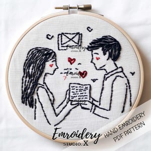 Patrón de bordado de carta de amor / Pareja intercambiando notas con corazones / Diseño PDF de arte lineal romántico para San Valentín o el Día de la Amistad