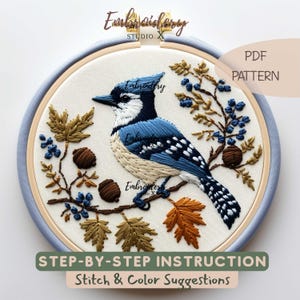 ブルージェイの刺繍パターン | 枝にとまる秋の鳥 | 自然と野生動物の刺繍用手刺繍PDF | DIYバードフープアート