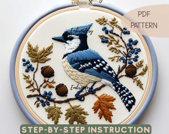 Blue Jay Embroidery Pattern | Autumn Bird on Branch | Hand Embroidery PDF for Nature & Wildlife Stitching | DIY Bird Hoop Art