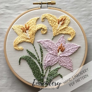 Lily Flower Embroidery Pattern - Lily Bloom PDF with Pastel Lilies for Floral Hoop Art and DIY Summer Project