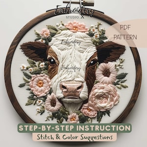 Floral Cow Embroidery Pattern PDF | Farmhouse Animal Hand Embroidery PDF | Rustic DIY Hoop Art with Spring Flowers & Thread Art