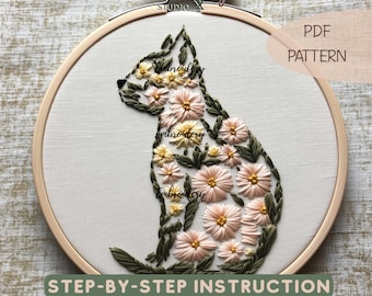 Cat Floral Embroidery Pattern - Flower Cat Art PDF with Cat Silhouette Design for DIY Summer Craft - Animal Stitch Design with Flowers
