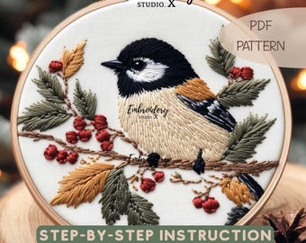 Chickadee on Holly Branch Embroidery Pattern | Bird & Berries Hand Embroidery PDF | Cozy Holiday Stitching | DIY Thread Art