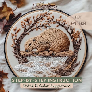 Padrão de Bordado de Castor | PDF de Bordado à Mão de Animais da Floresta | Design de Bordado DIY Inspirado na Natureza para Arte em Bastidor Aconchegante