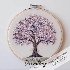 桜の木の刺繍 PDF | 花柄のピンクの桜模様 | DIY 手縫いプロジェクト用の夏の花のフープアート