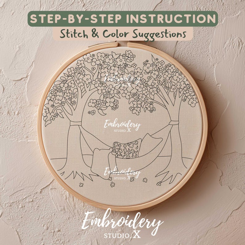 Spring Hammock Embroidery Pattern PDF | Cherry Blossom Hand Stitch Design | DIY Hoop Art for World Happiness Day image 2
