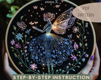 Glowing Fairy Embroidery Pattern | Mystical Hand Embroidery PDF | Enchanting Floral Stitching Design