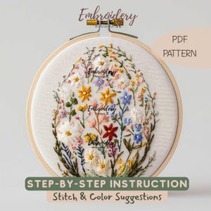 Motif floral de broderie d'oeufs de Pâques | Point printanier de fleurs sauvages PDF | Motif de broderie botanique à la main | Cerceau élégant pour Pâques