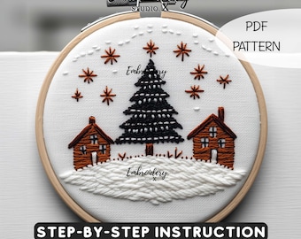 Weihnachtsdorf PDF-Stickereimuster - Anfängerfreundliches verschneites Winterwunderland-Design für kreative Handstickereiprojekte