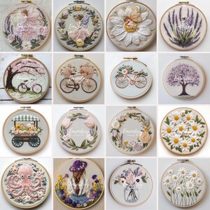 May include: A collection of embroidered hoops featuring floral and nature-themed designs. Each hoop showcases detailed needlework, including flowers, butterflies, bicycles, and a fairy. The color palette includes soft pastels and natural tones, creating a delicate and artistic aesthetic.