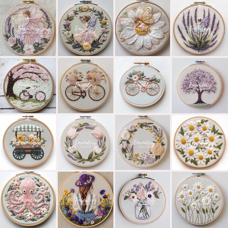 May include: A collection of embroidered hoops featuring floral and nature-themed designs. Each hoop showcases detailed needlework, including flowers, butterflies, bicycles, and a fairy. The color palette includes soft pastels and natural tones, creating a delicate and artistic aesthetic.