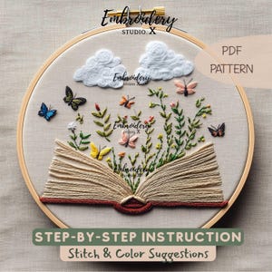 Natureza que brota de um livro | PDF de bordado à mão para decoração inspirada em literatura e natureza | Instruções passo a passo para iniciantes