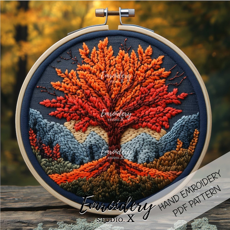 Autumn Tree Embroidery Pattern PDF: Colorful Fall Leaves With Scenic ...