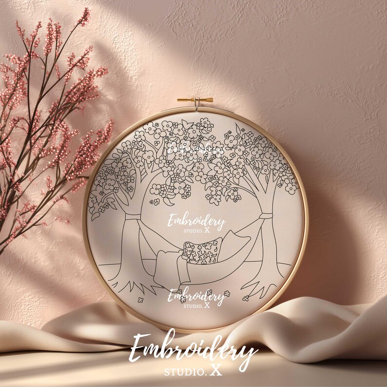 Spring Hammock Embroidery Pattern PDF | Cherry Blossom Hand Stitch Design | DIY Hoop Art for World Happiness Day image 5