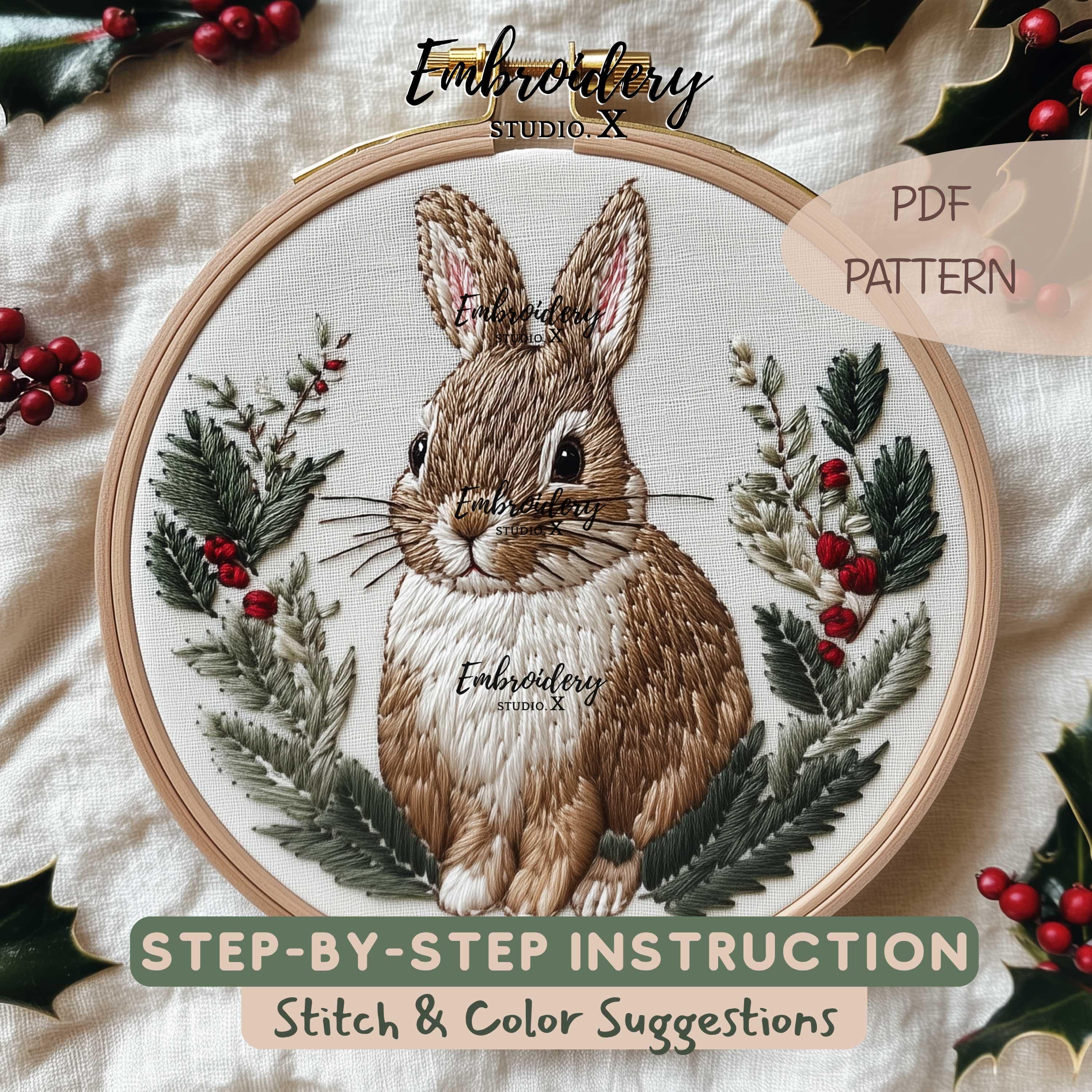 Rabbit With Holly Embroidery Pattern | Festive Bunny Hand Embroidery ...