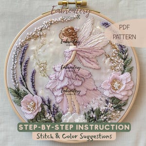 Padrão de bordado em PDF de fada encantadora | Desenho floral para bastidor, perfeito para primavera e verão | Projeto de bordado à mão "faça você mesmo"