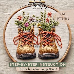 Wildflowers in Shoes | Floral Hiking Boots Embroidery Pattern | Step by Step Beginner Instructions