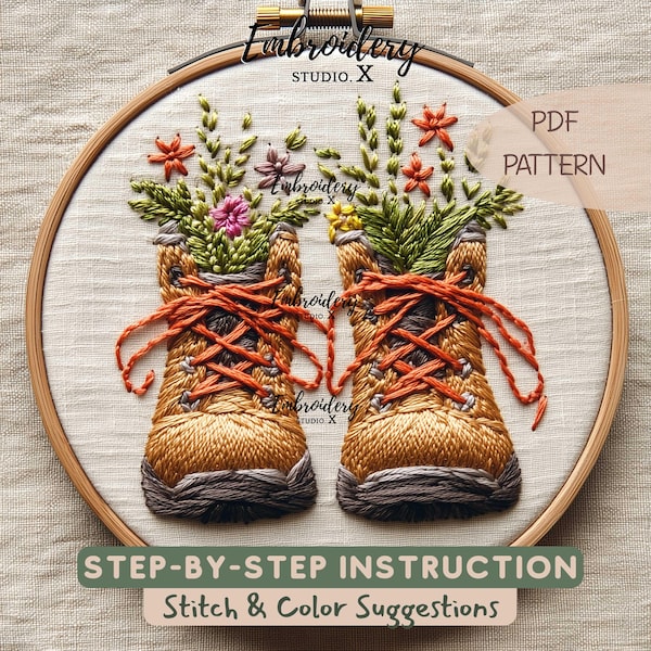 Wildflowers in Shoes | Floral Hiking Boots Embroidery Pattern | Step by Step Beginner Instructions