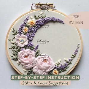 Bloemenborduurwerk wassende maan – ontwerp met lavendel en roos, op de maan geïnspireerde hoepelkunst voor dromerige en elegante bloemborduurpatronen