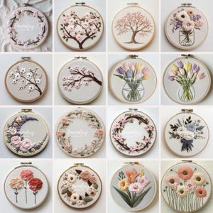 May include: A collection of embroidered floral designs in wooden hoops. The designs include cherry blossoms, tulips, and other flowers in various colors. Some hoops have the word "Embroidery" stitched on them.