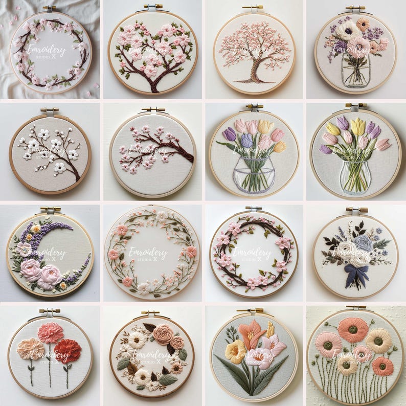 May include: A collection of embroidered floral designs in wooden hoops. The designs include cherry blossoms, tulips, and other flowers in various colors. Some hoops have the word "Embroidery" stitched on them.
