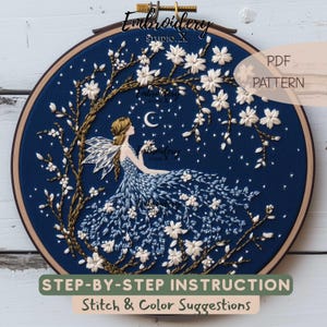 Mystical Fairy Resting Under the Moon Embroidery Pattern | Moonlit Floral Fairy Hand Embroidery PDF | Fantasy Hoop Art Design