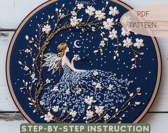 Mystical Fairy Resting Under the Moon Embroidery Pattern | Moonlit Floral Fairy Hand Embroidery PDF | Fantasy Hoop Art Design