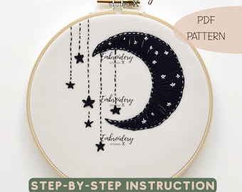 夜空 #26 三日月と星の刺繍枠アート - Etsy 日本