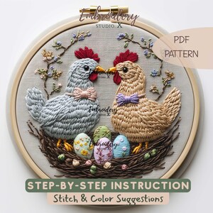 Easter Chickens Embroidery Pattern | Spring Chicken and Rooster with Eggs | Cute Farm Animal PDF | Colorful Nest Hoop Art for Easter